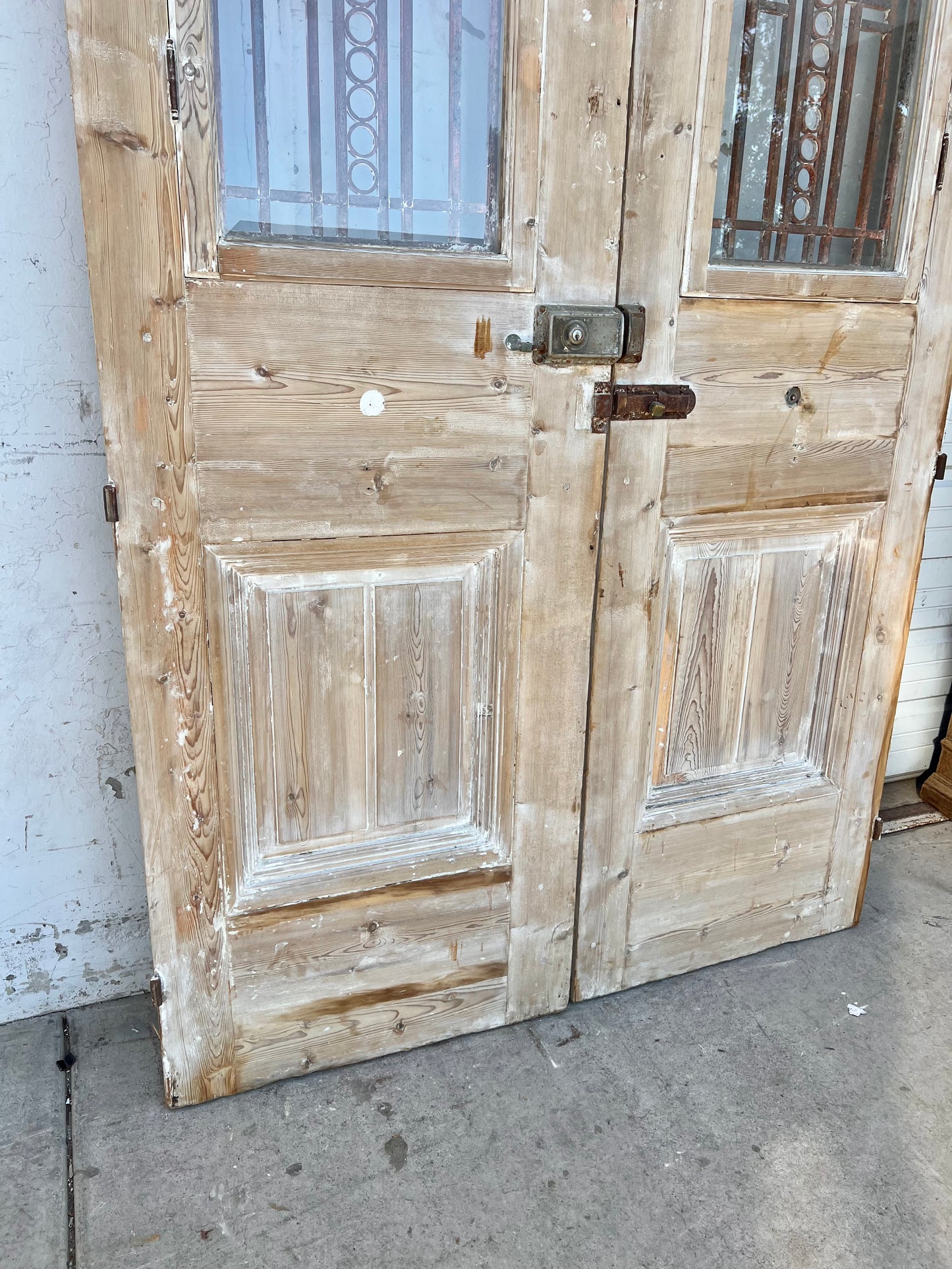 Pair of Washed Antique Wood Doors w/Iron Inserts