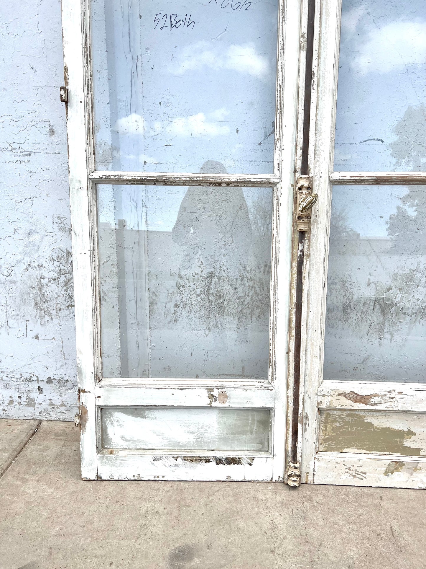 Pair of Antique Wood and Glass 3 Lite French Doors with Cremone Bolt