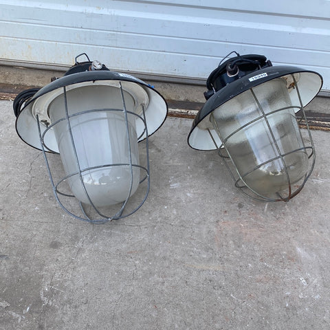 Enamel Industrial Pendant Light with Glass Globe and Cage