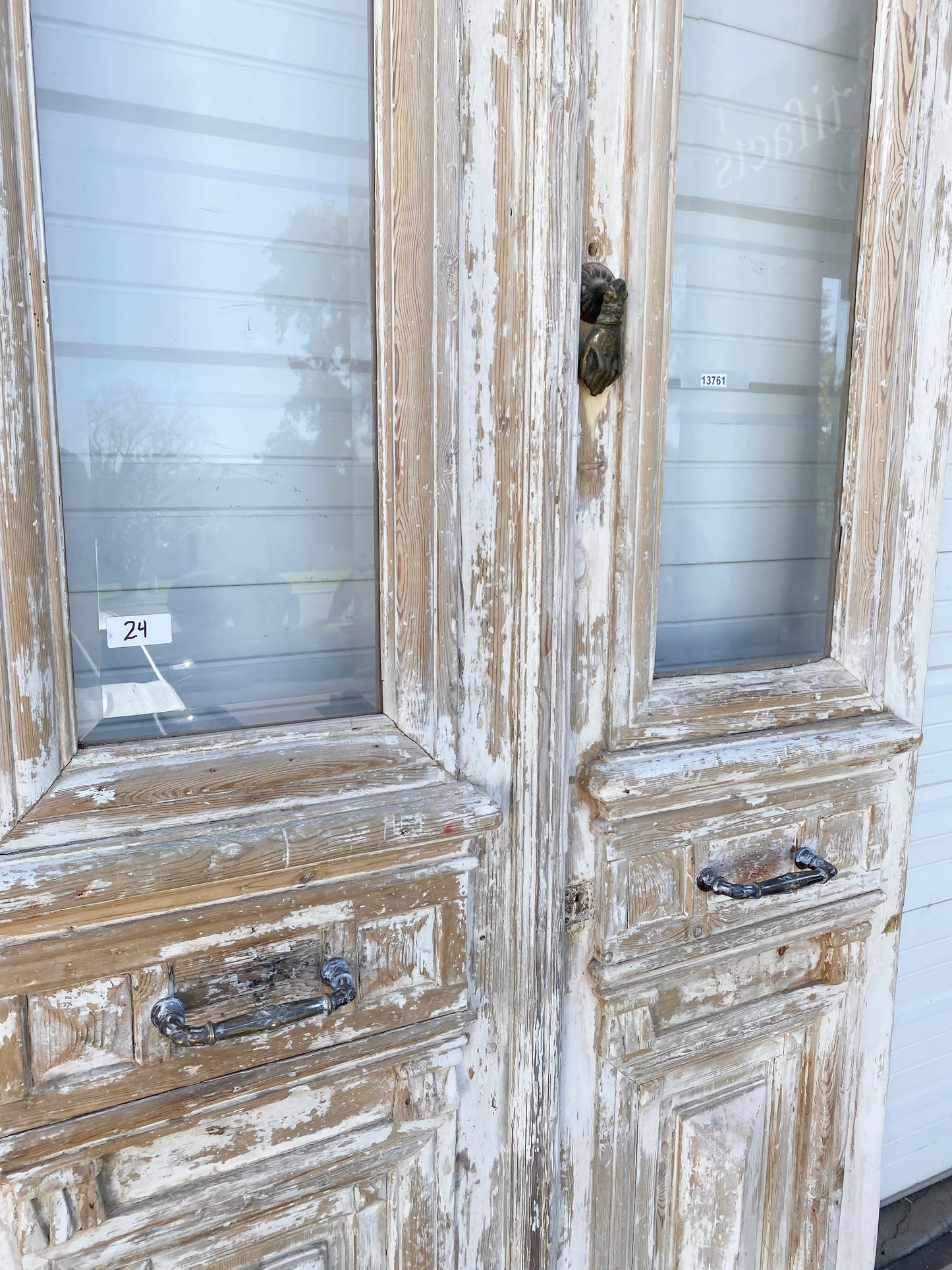 Pair of Washed Wood Antique Carved Doors with Glass