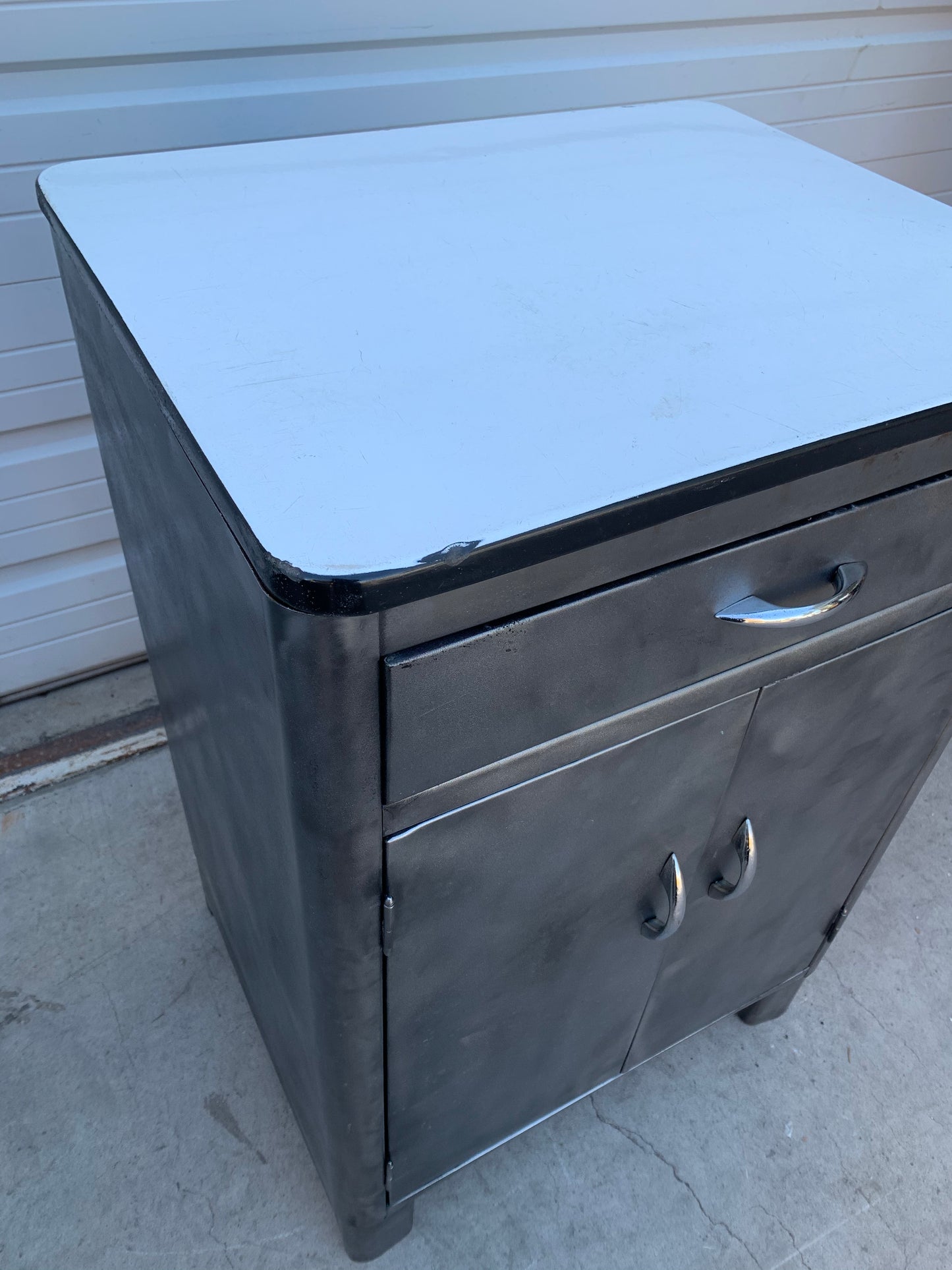 Stripped Steel Cabinet with Porcelain Top