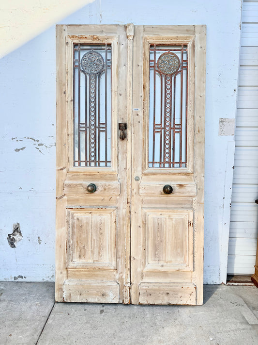 Pair of Washed Antique Wood Doors w/Iron Inserts
