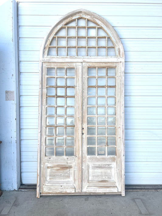 Pair of Antique Bleached Wood Doors w/Arched Transom Top