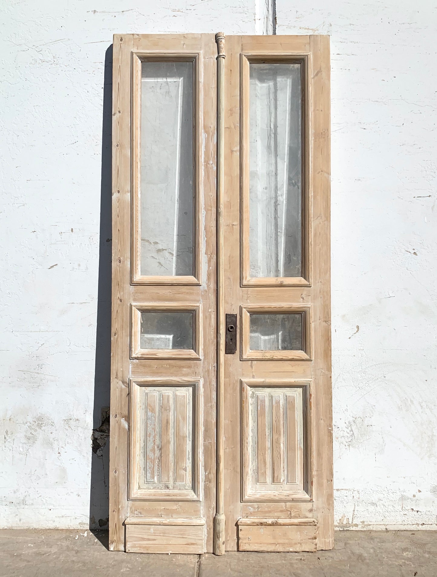 Pair of Antique 2 Beveled Lite Washed Wood French Doors