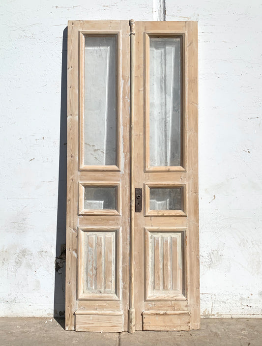 Pair of Antique 2 Beveled Lite Washed Wood French Doors