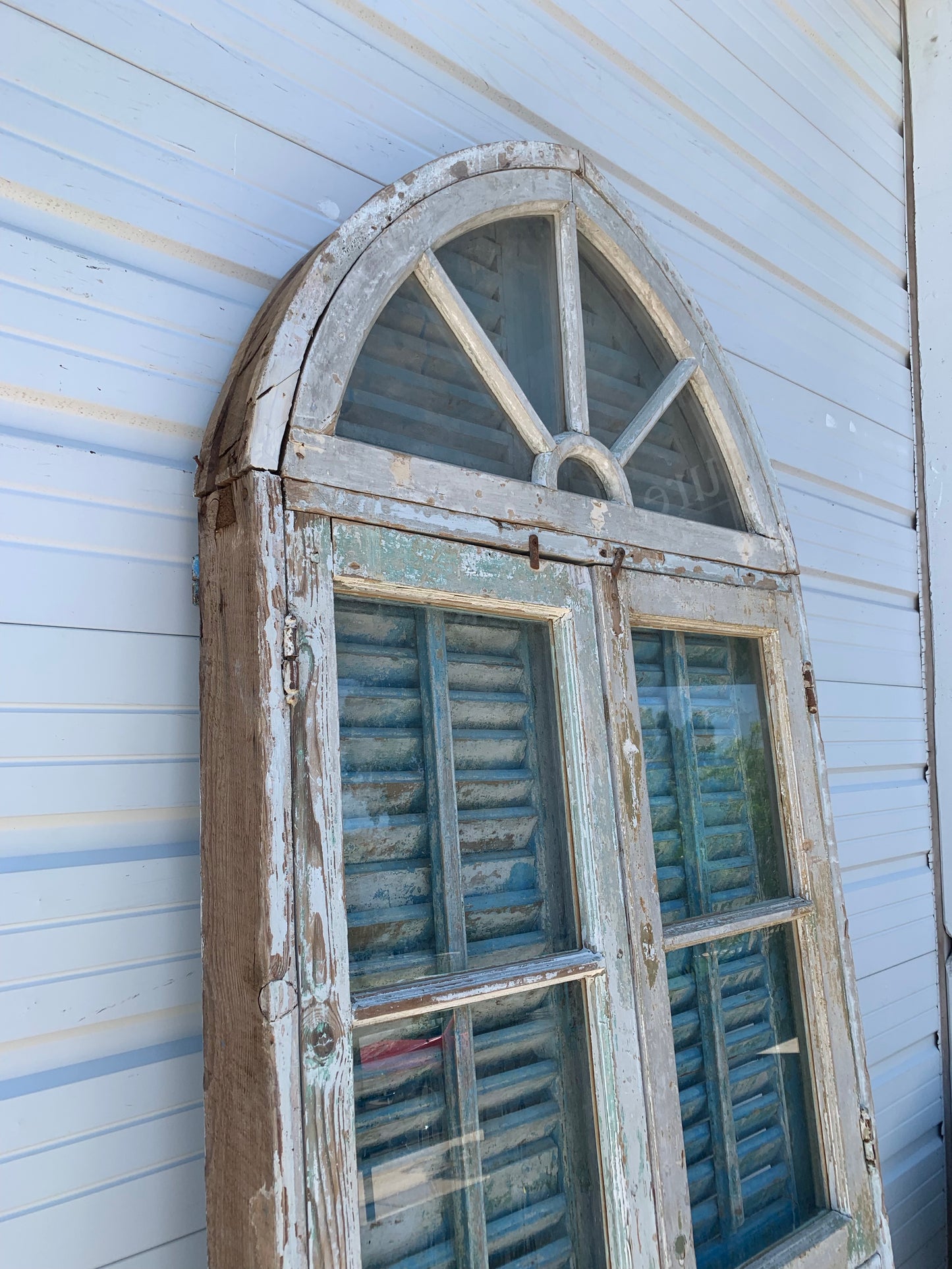 Set of Arched White Windows and Shutters with 5 Pane Half-Round Style Transom