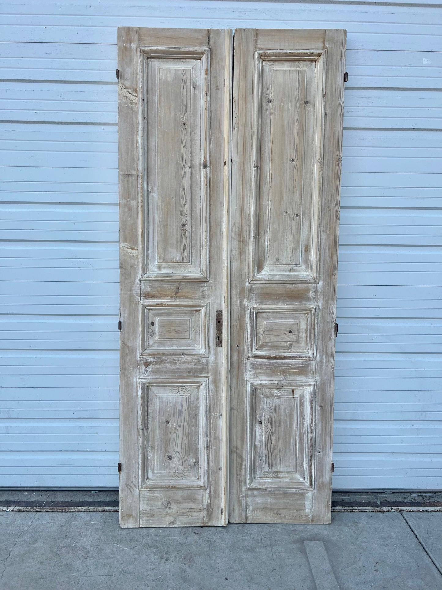 Pair of Washed Antique Wood 3-Panel Doors