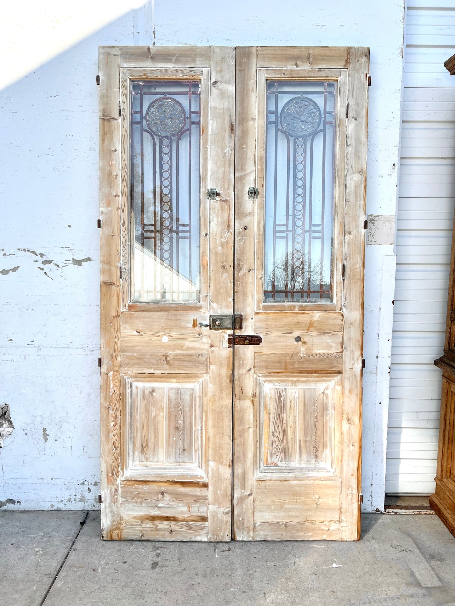 Pair of Washed Antique Wood Doors w/Iron Inserts