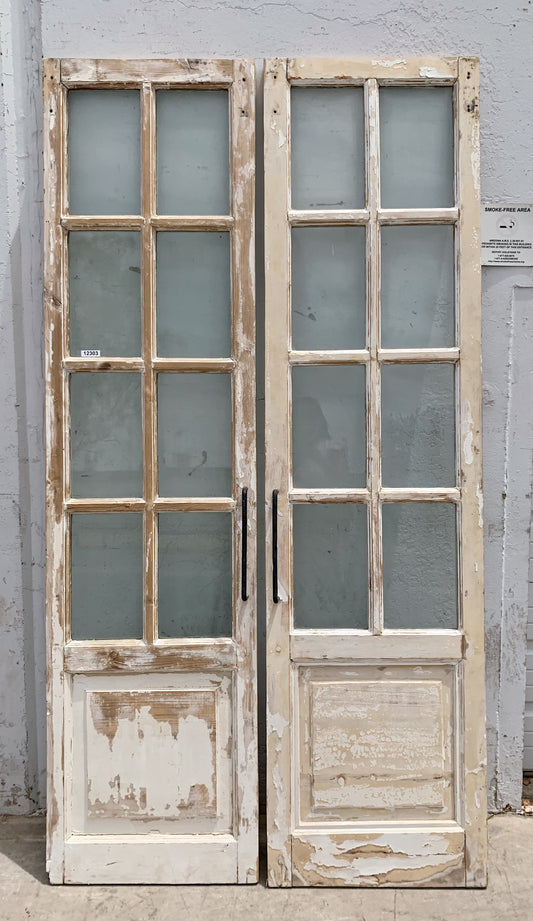 Pair of 8 Lite White Washed Wood French Antique Doors