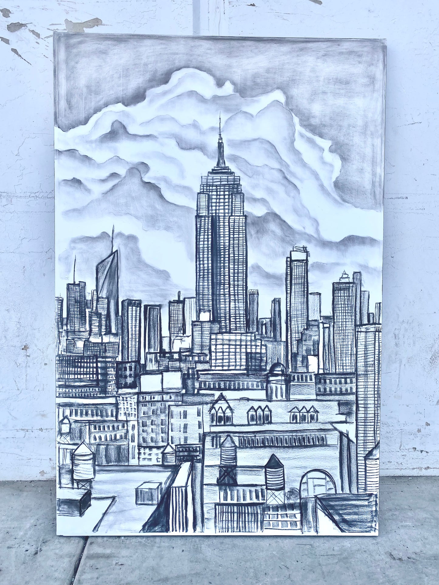 Esteban Flores-Barron New York Skyline w/ Clouds Mixed Media Art