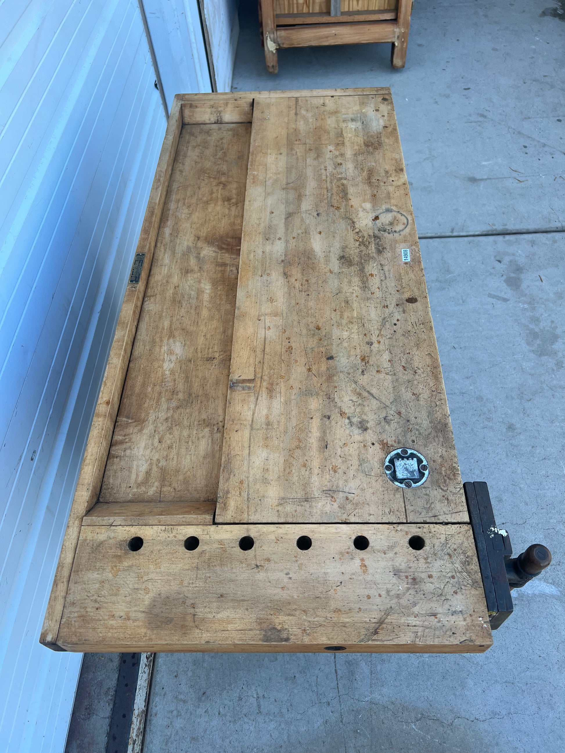 Wooden Work Table with Two Drawers Vice and Mounted Stool