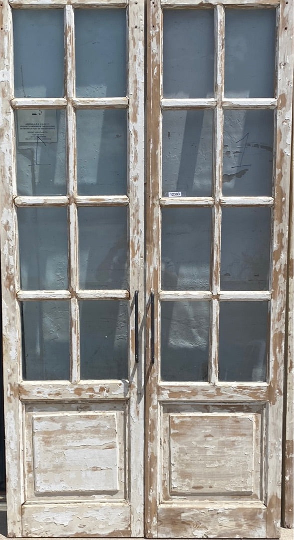 Pair of 8 Lite White Washed Wood French Antique Doors