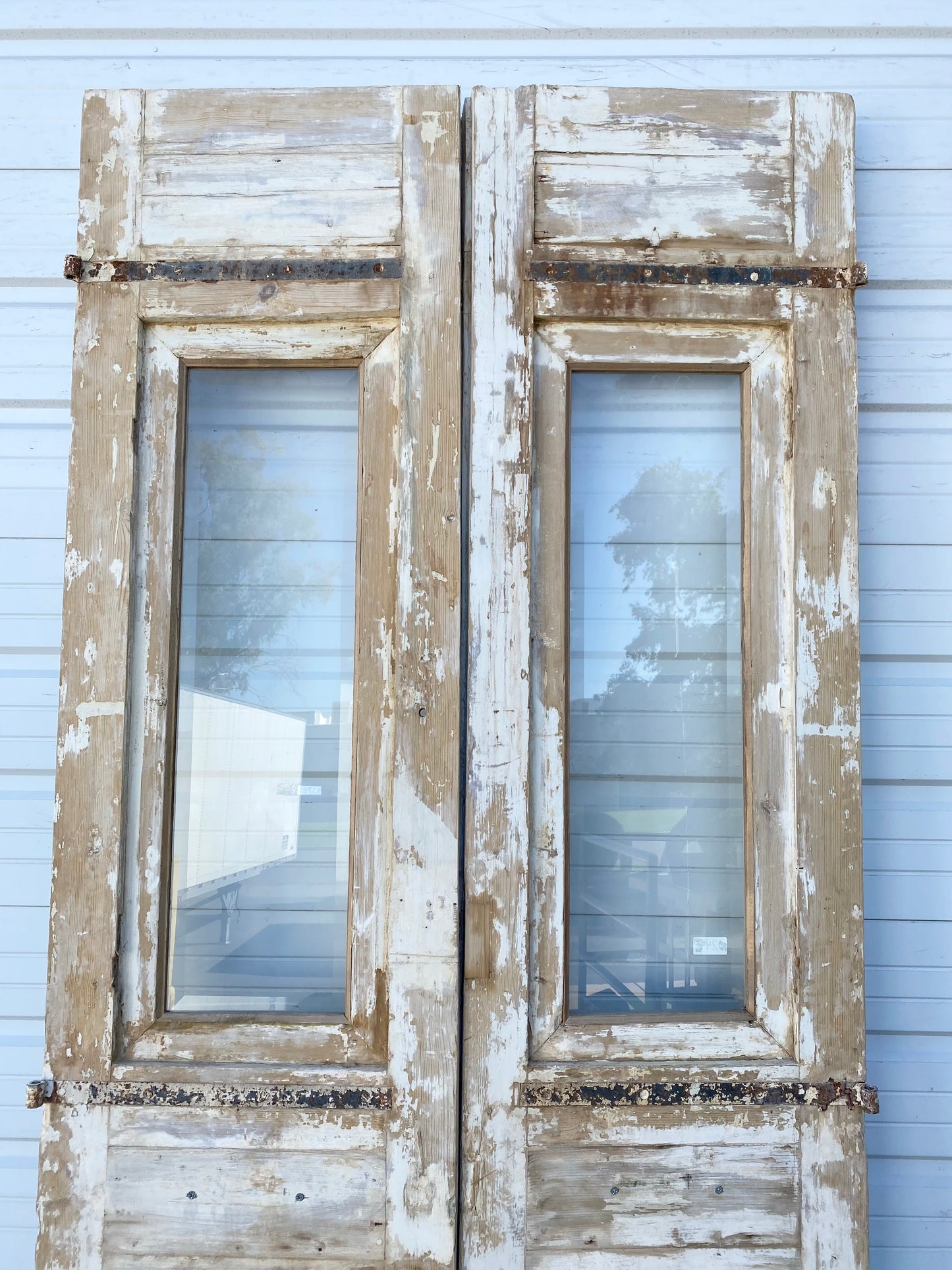 Pair of Washed Wood Antique Carved Doors with Glass