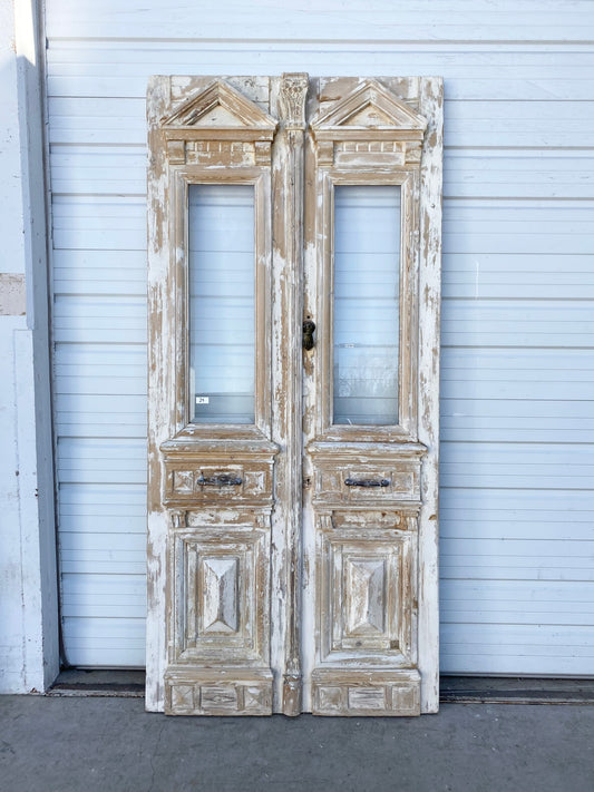 Pair of Washed Wood Antique Carved Doors with Glass