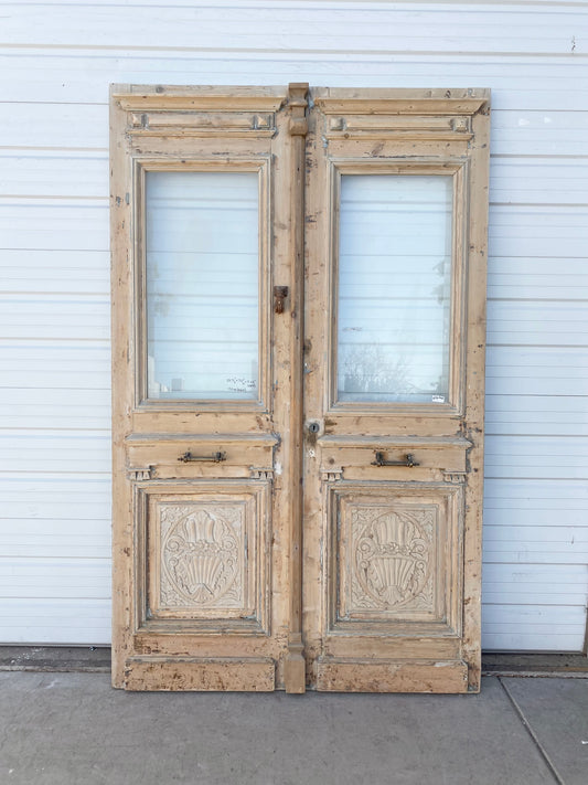 Pair of Wood Antique Carved Doors with Single Glass Lites
