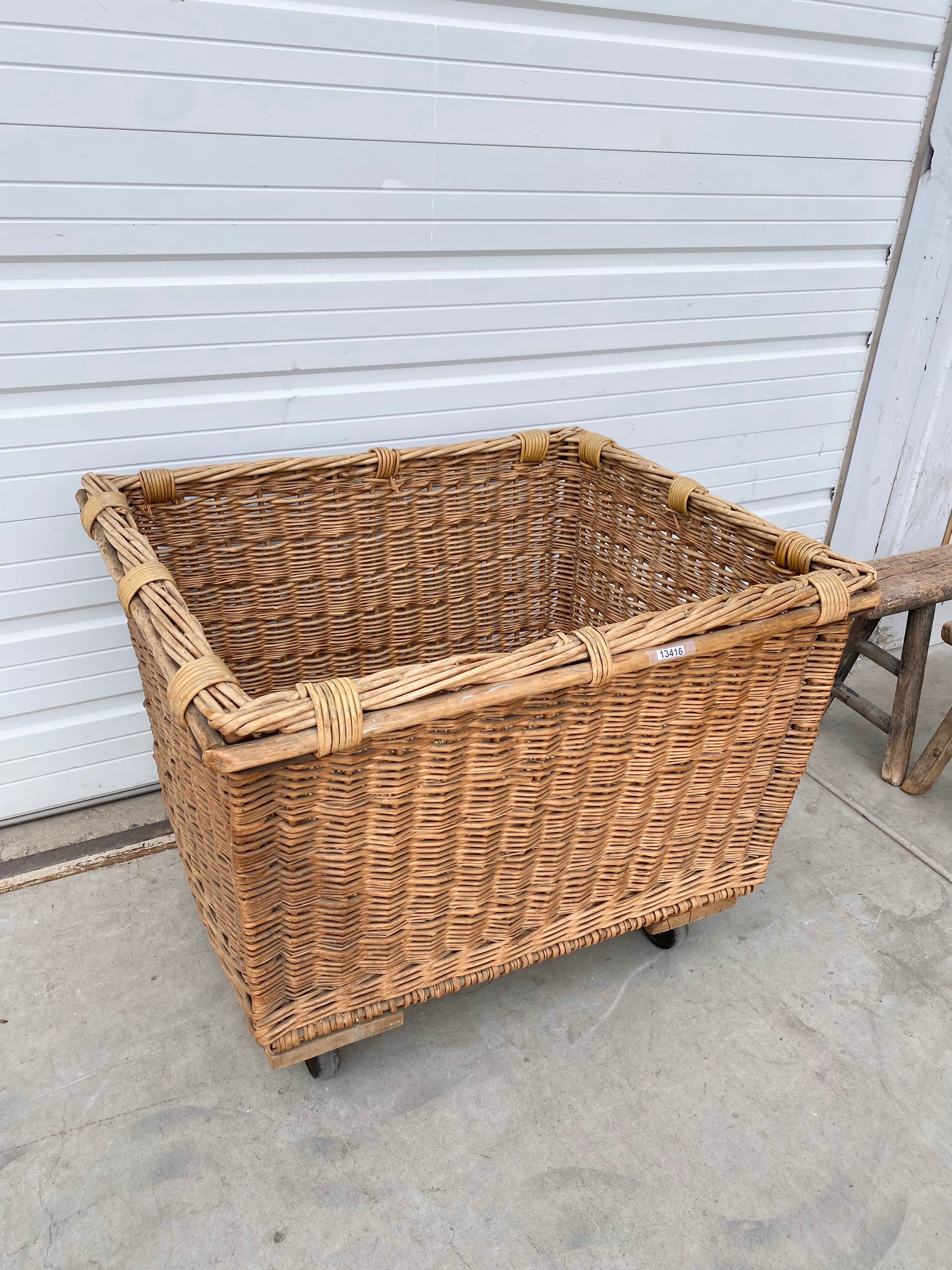 French Wicker Basket on Wheels Antiquities Warehouse