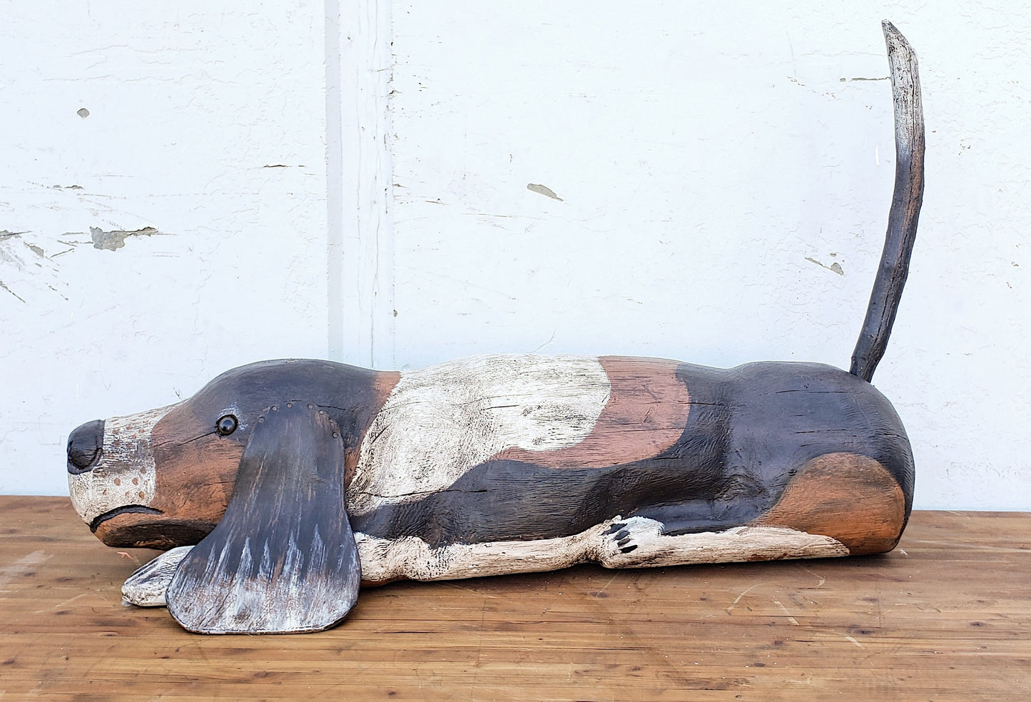 Reclining Wooden Dog Folk Art Sculpture