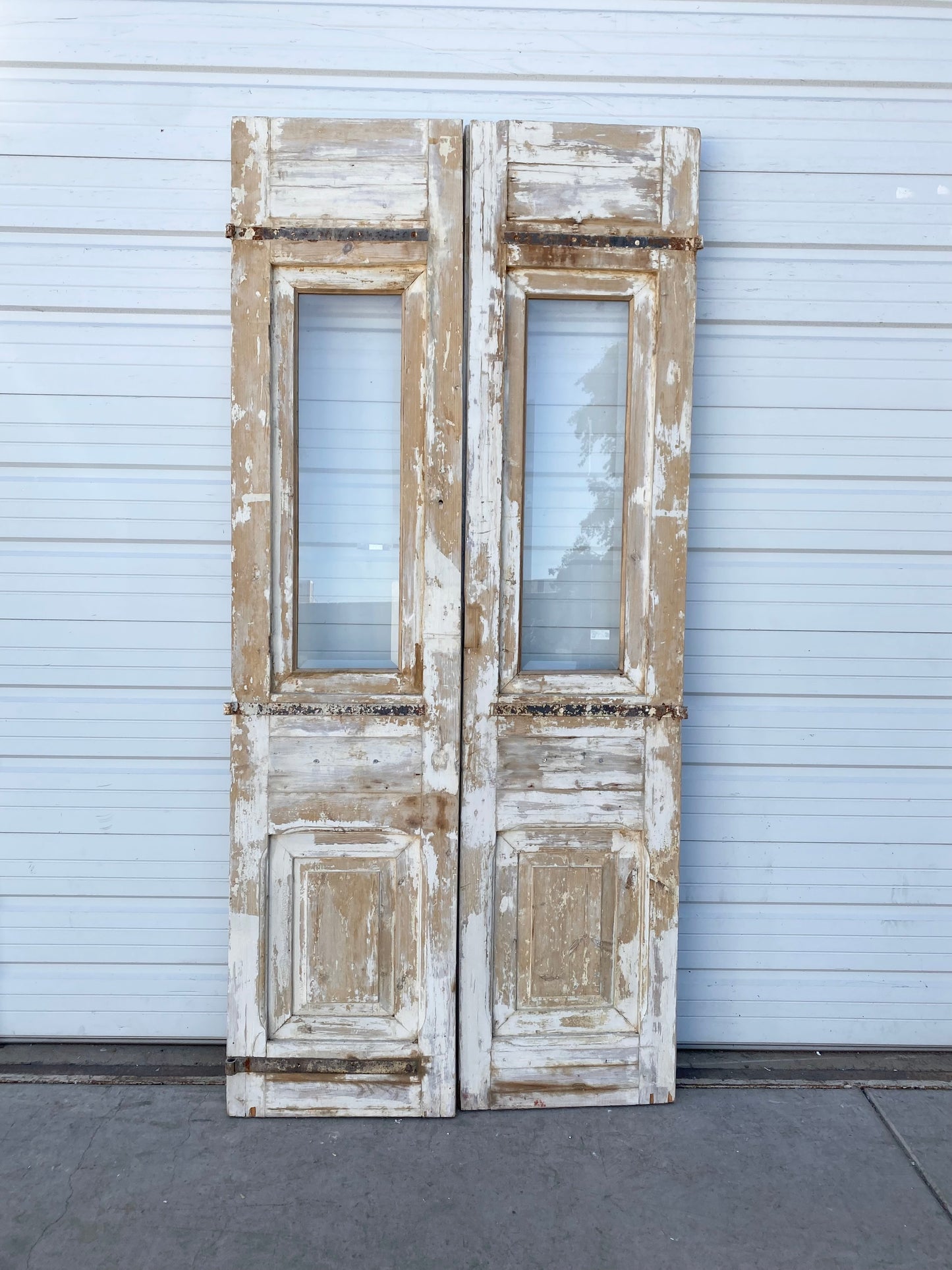 Pair of Washed Wood Antique Carved Doors with Glass