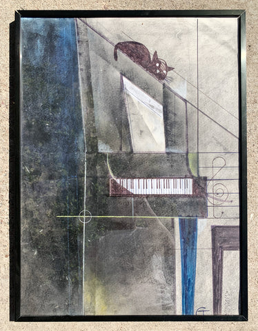 Chuck Torosian “Cat On A Piano" Framed Mixed Media