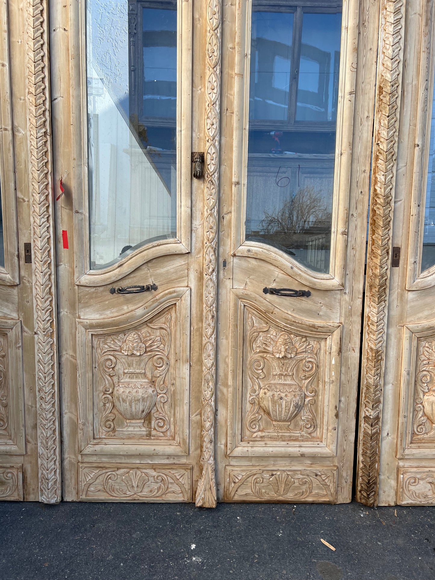 Set of 4 Antique Arched Carved Wood Doors with Transom