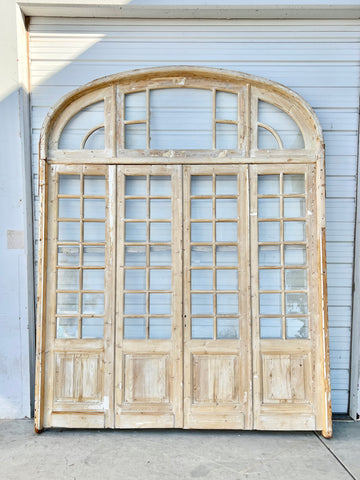 Set of 4 Antique French Doors with 56 Lites and Arched Transom Window