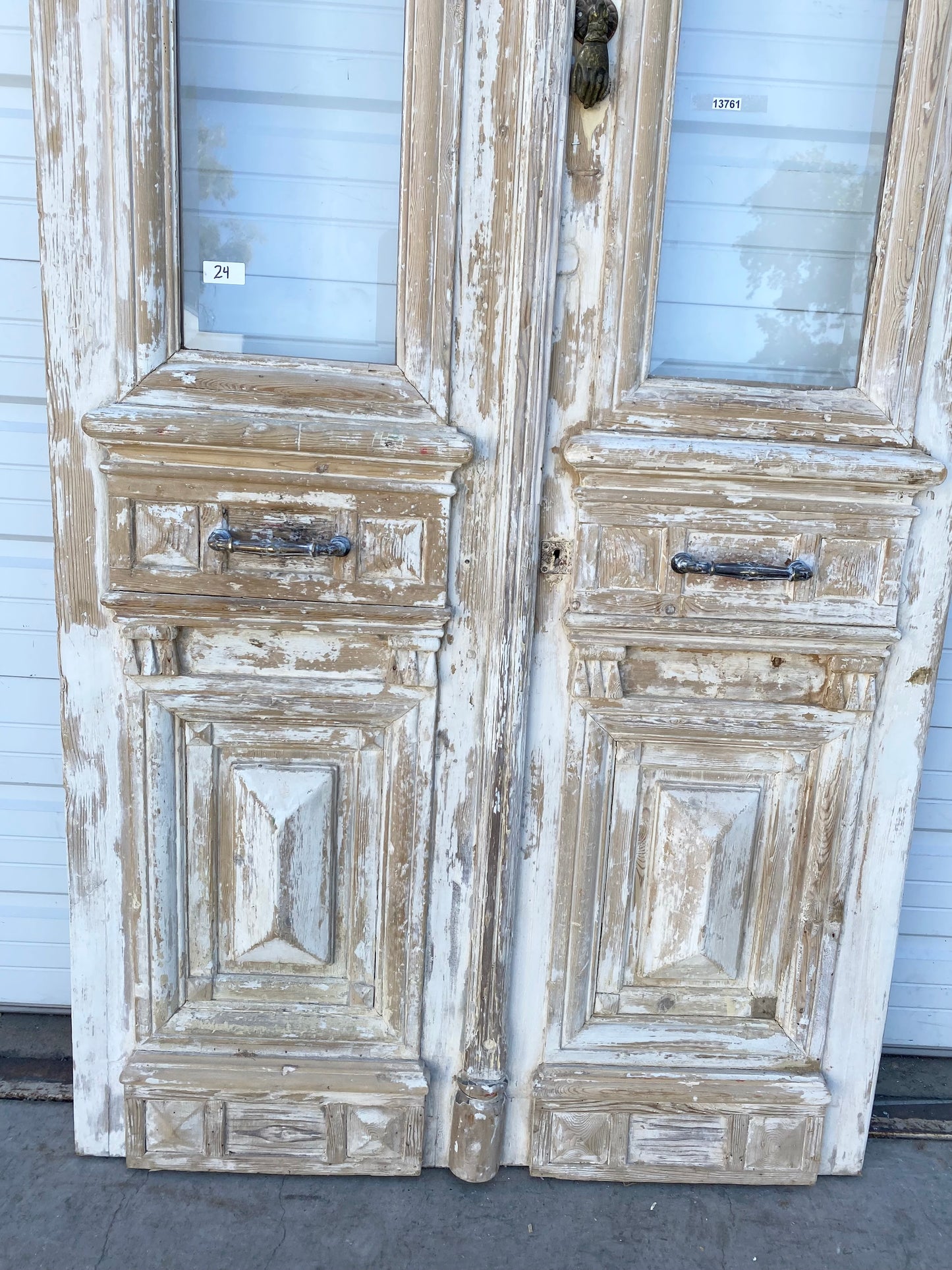 Pair of Washed Wood Antique Carved Doors with Glass