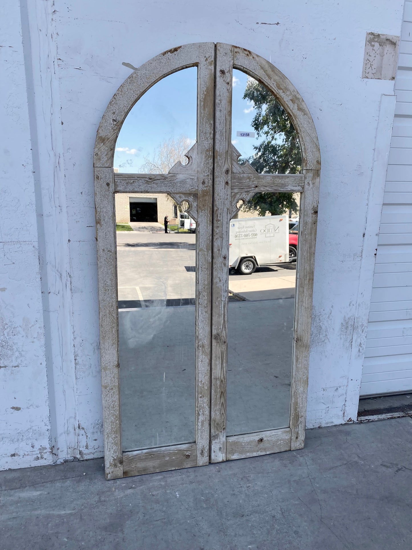 Washed Wood Pair of Mirrored Arched Windows with 4 Panes