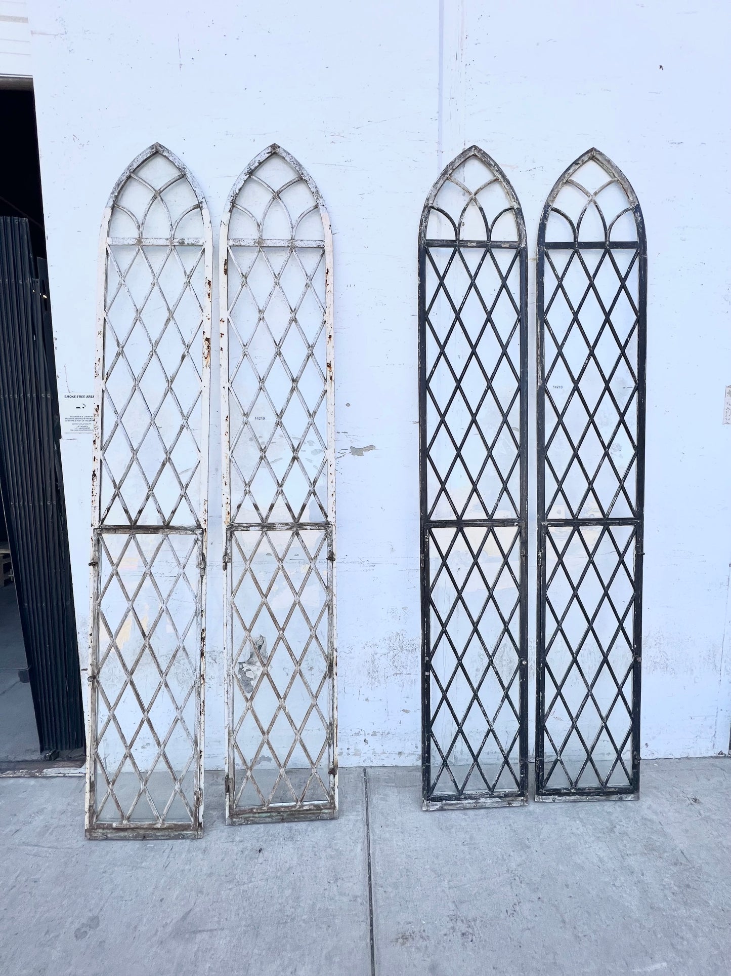 Pair of Arched Steel Windows with Diamond Panes