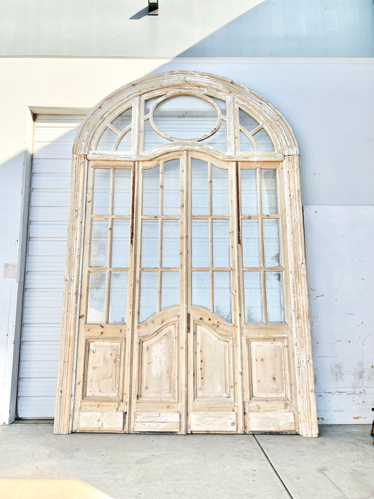 Set of 4 Antique French Doors with 24 Lites and Arched Transom Window