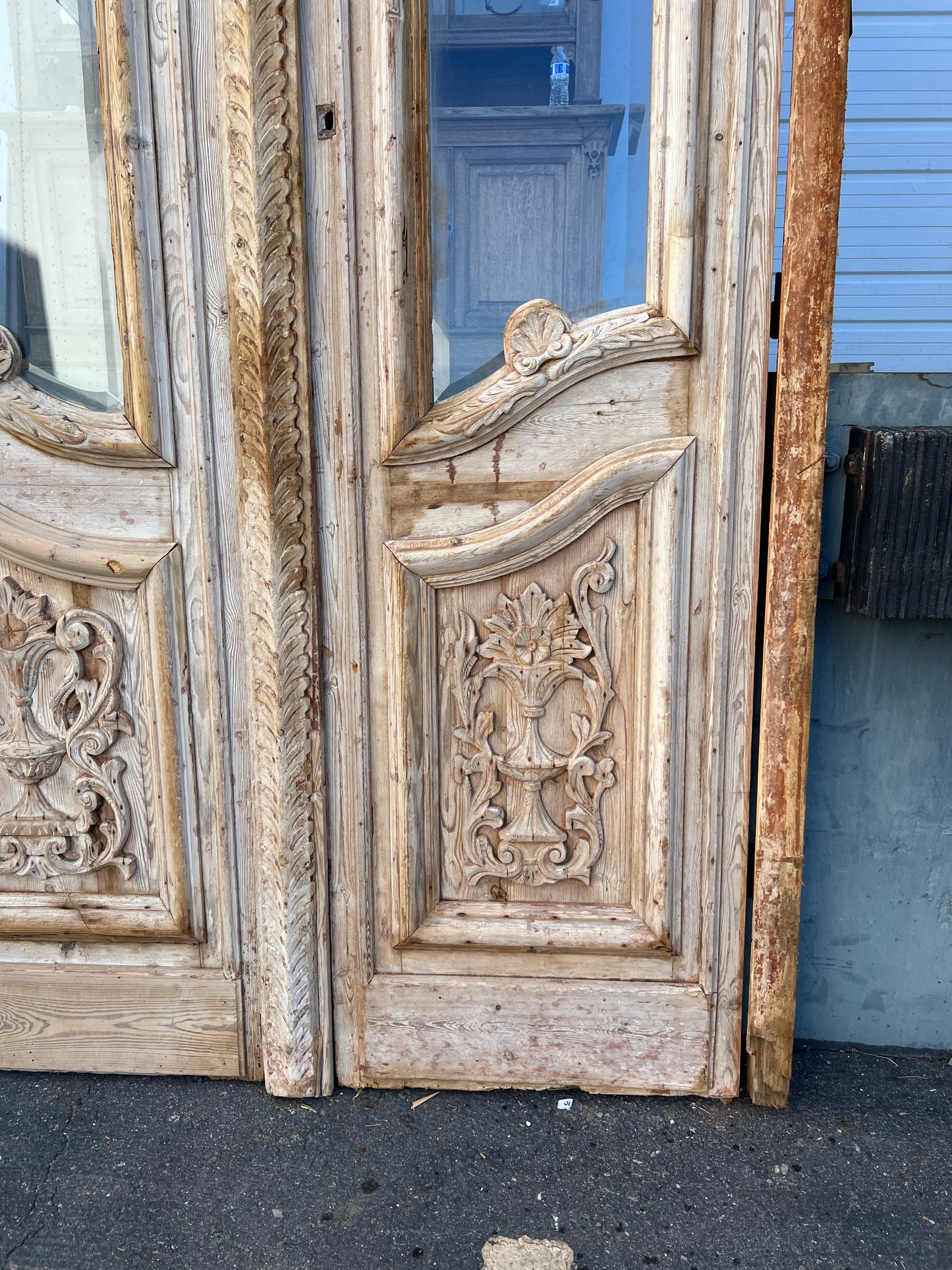 Set of 4 Arched Antique Wood Doors w/Transom and 7 Lites