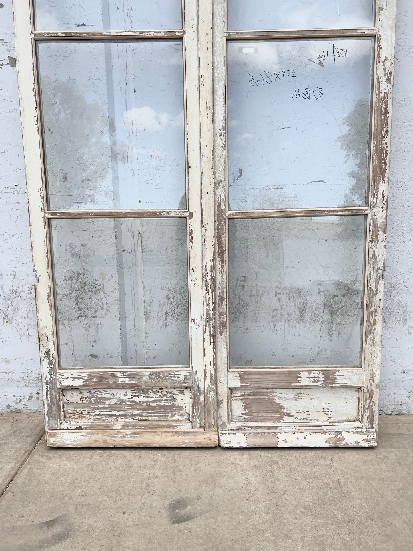 Pair of Antique Wood and Glass 3 Lite French Doors with Cremone Bolt