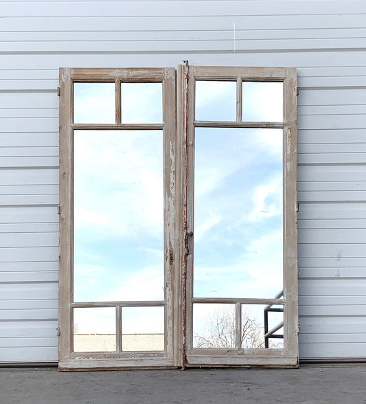 Pair of Antique 5 Pane Rectangle Mirrored Washed Wood Windows