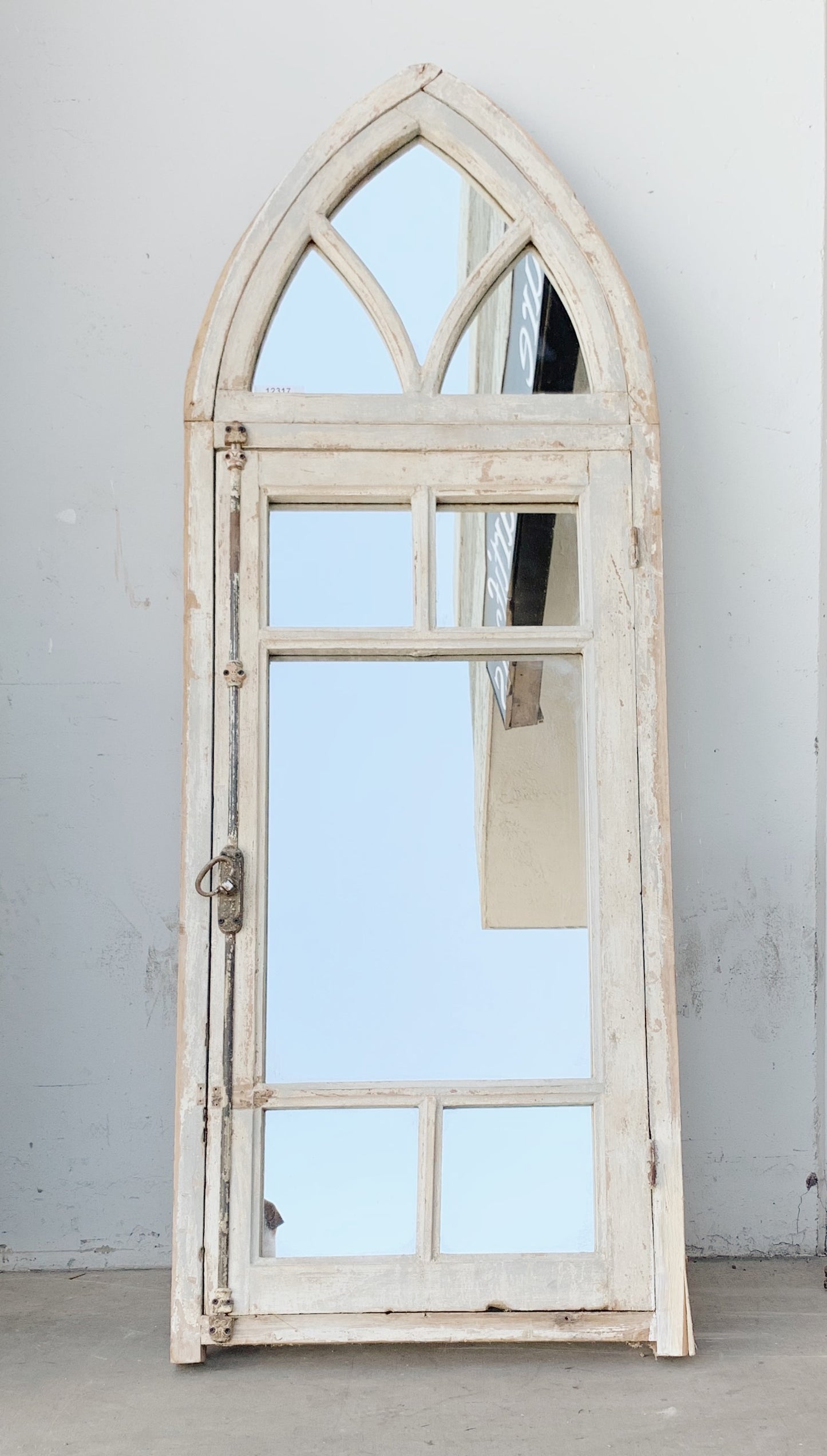 8 Pane White Arched Gothic Style Mirrored Window with Transom