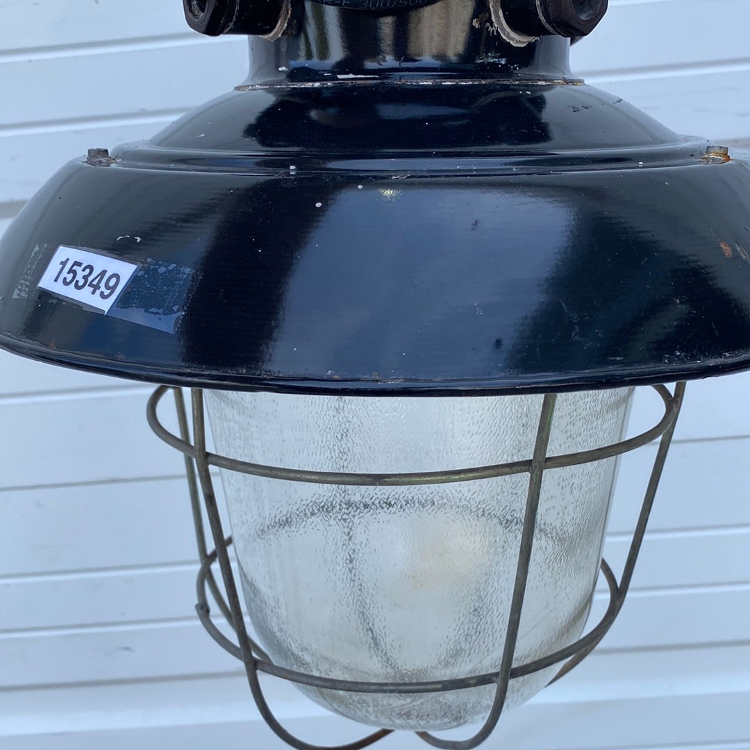 Enamel Industrial Pendant Light with Glass Globe and Cage