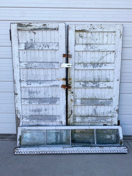 Pair of Antique White Barn Doors with Transom