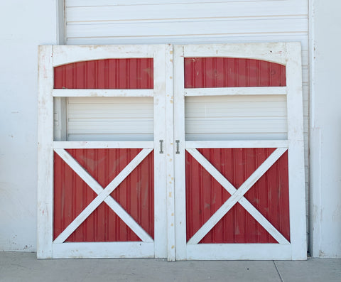 Pair of 3 Panel Red and White Antique Barn Doors