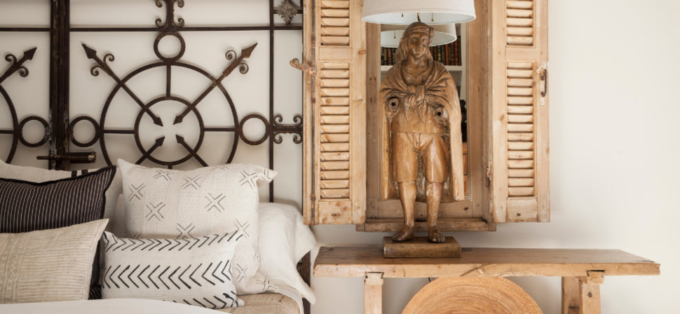 Bleached Oak Statue, Table, Shutters, Iron Gate Headboard, and Linens
